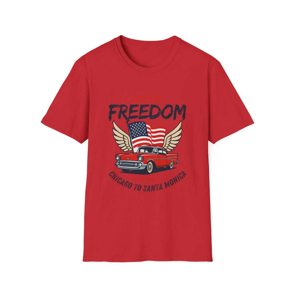Fill the Freedom Vintage Car T-Shirt | American Flag Wings Chicago to Santa Monica