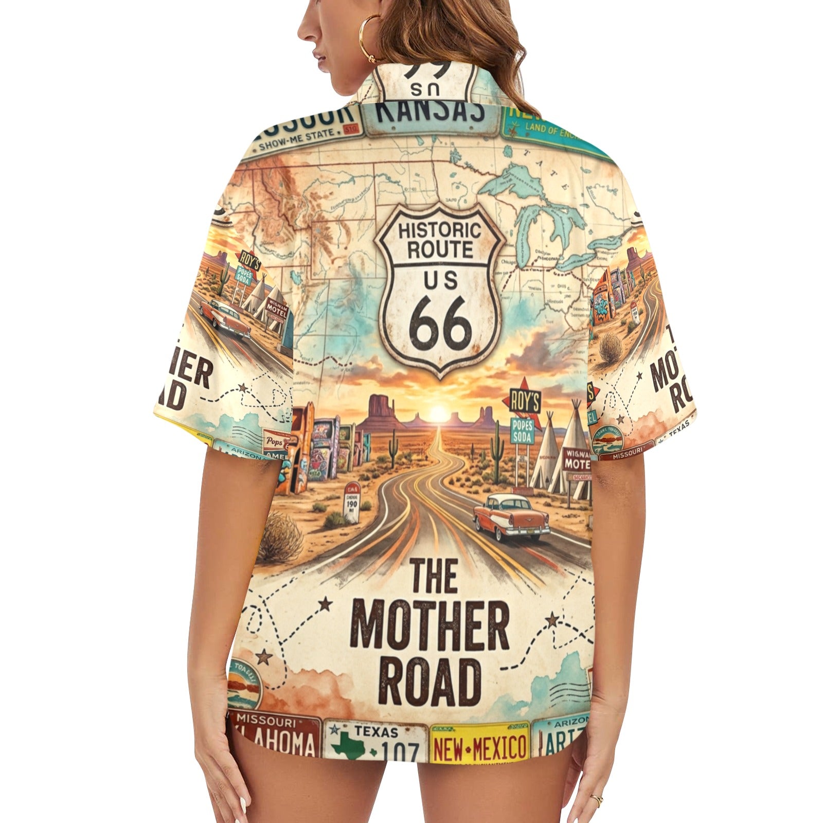 Route 66 All States Women's All Over Print Hawaiian Shirt Made in USA