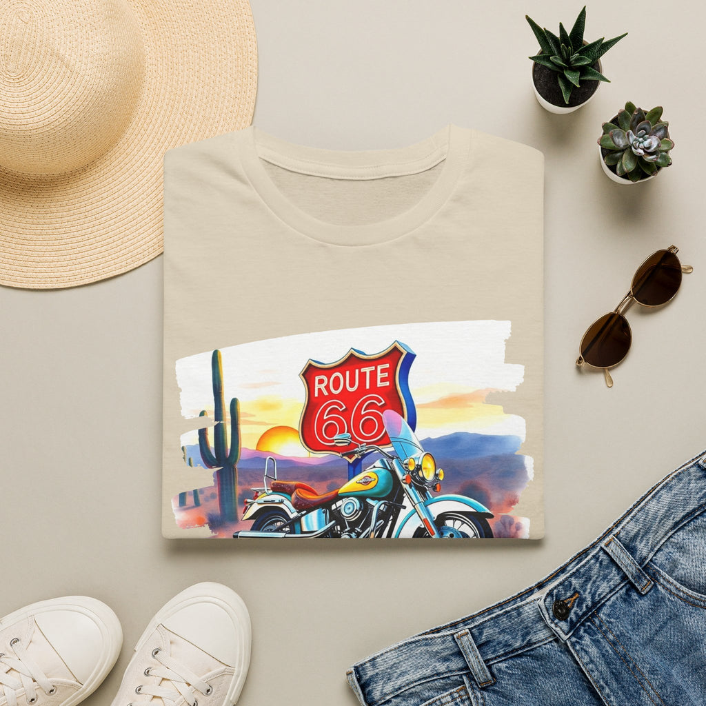 Route 66 Motorcycle T-Shirt | Desert Sunset Biker Graphic