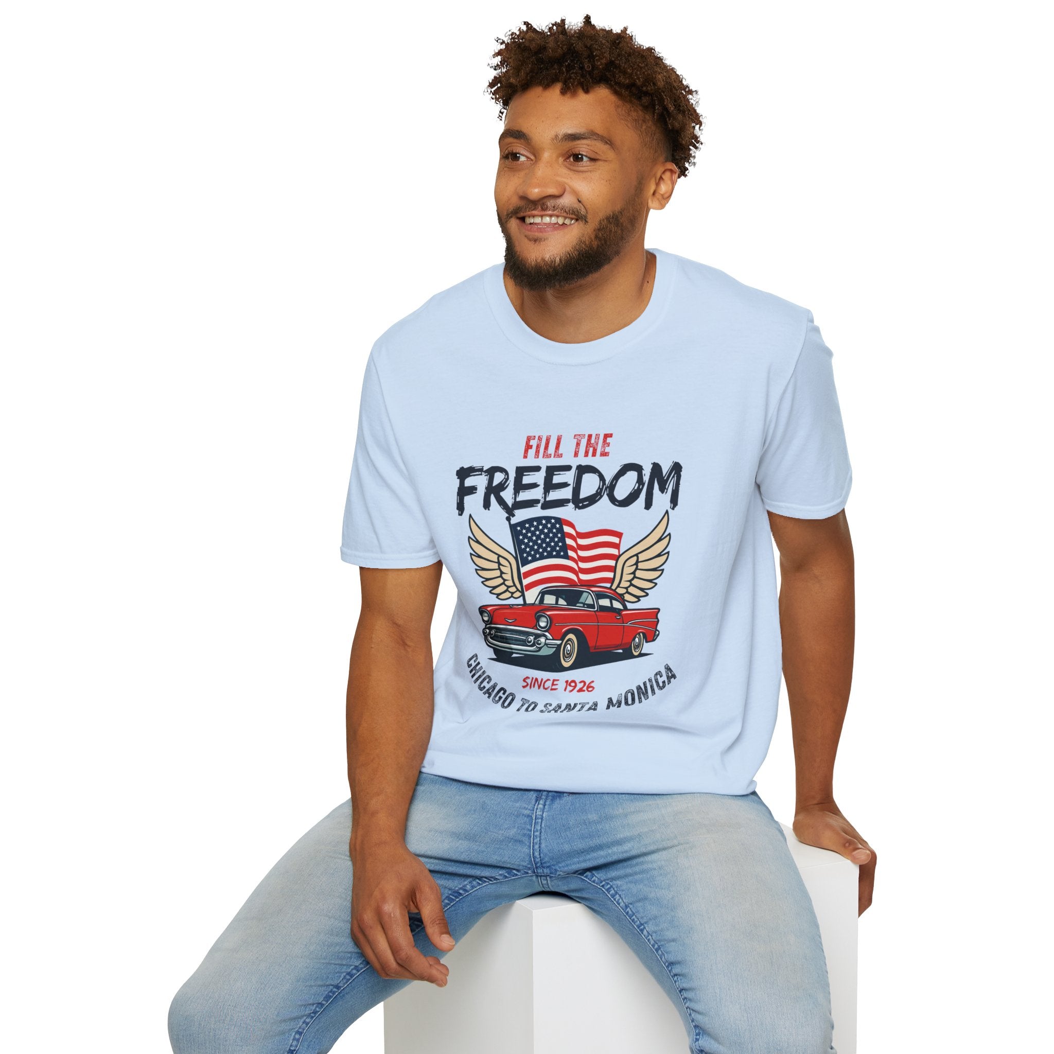 Fill the Freedom Vintage Car T-Shirt | American Flag Wings Chicago to Santa Monica Route 66
