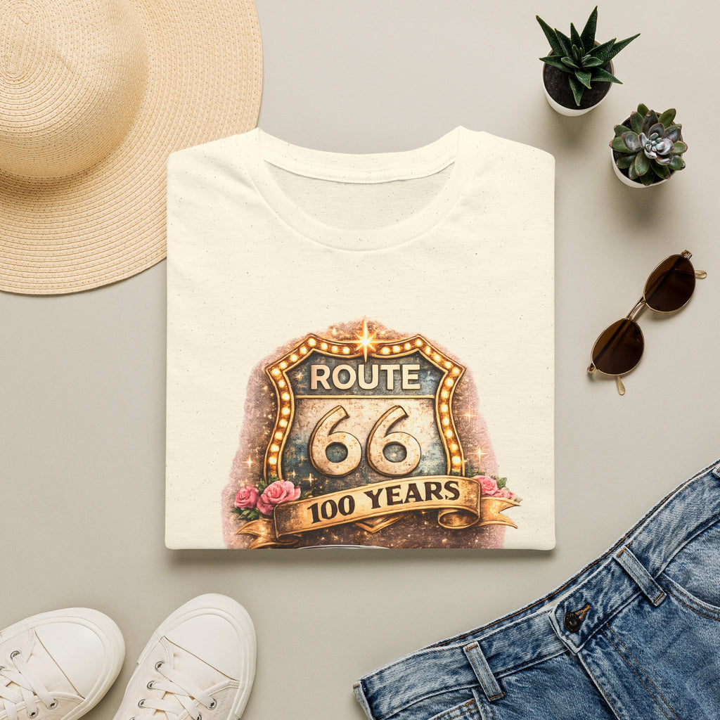 Route 66 100 Years Pink Classic Car T-Shirt | Vintage Road Trip Tee