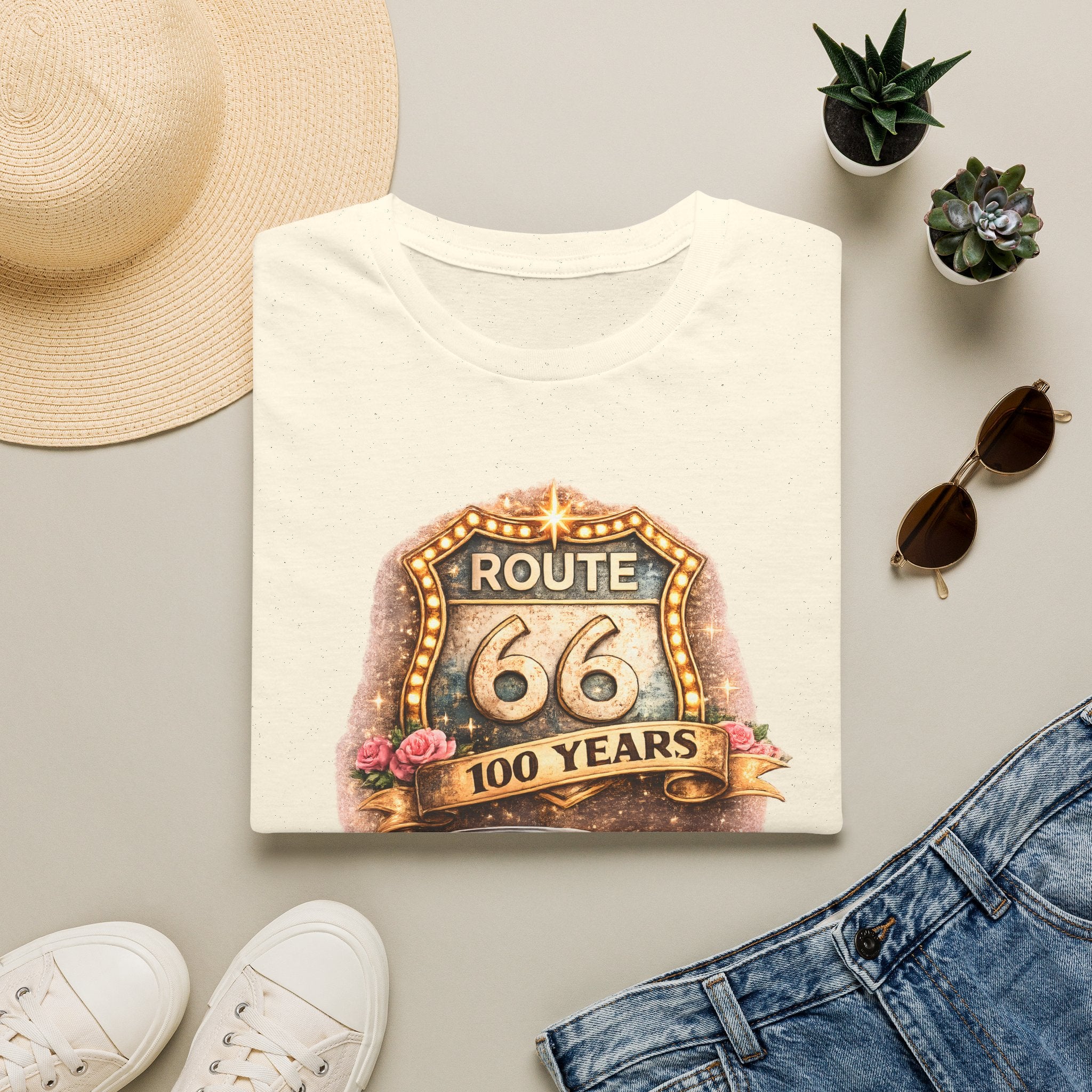 Route 66 100 Years Pink Classic Car T-Shirt | Vintage Road Trip Tee