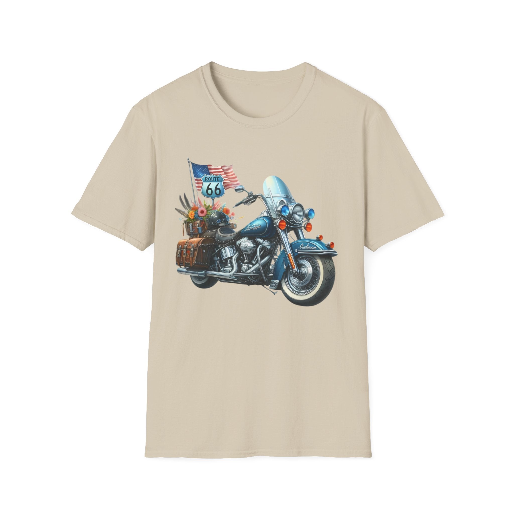 Route 66 Motorcycle Illustration T-Shirt | American Flag, Sunflowers
