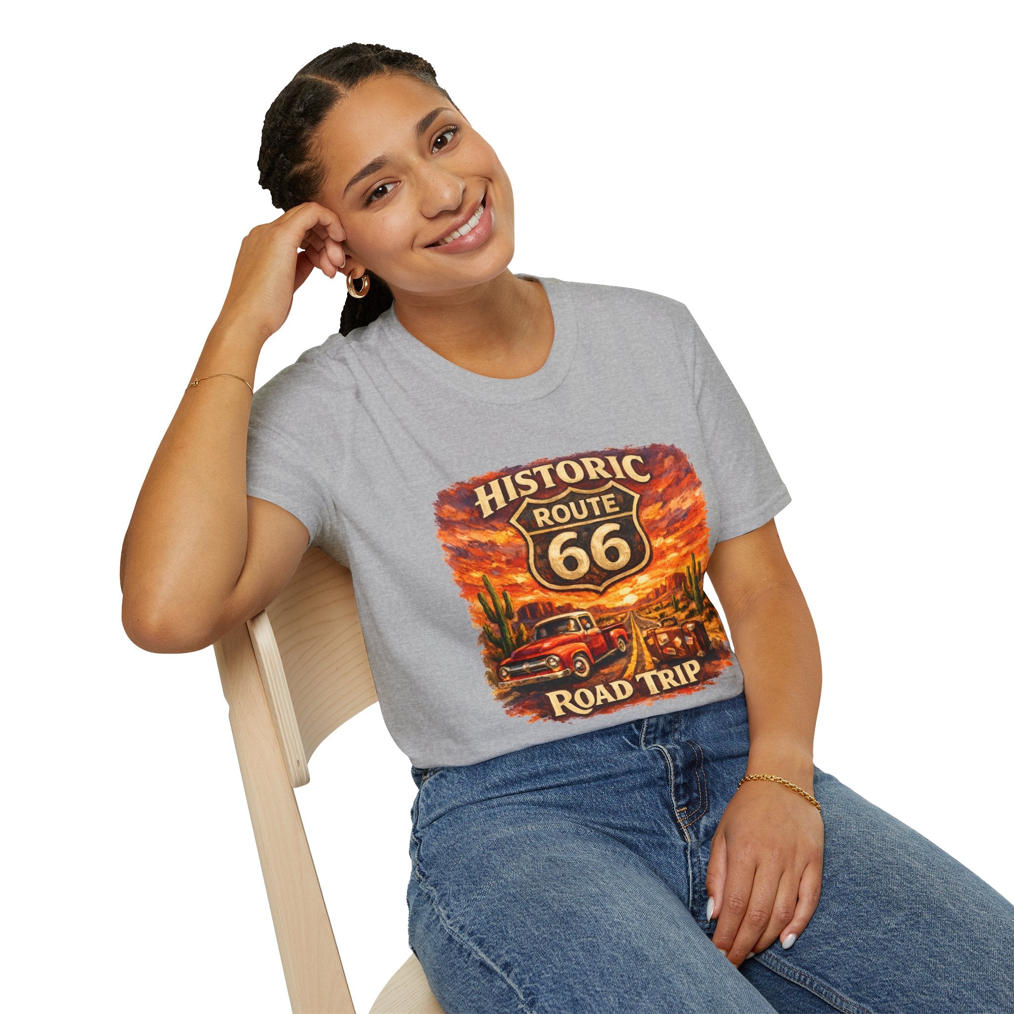 Historic Route 66 Road Trip T-Shirt | Vintage Car Desert Sunset