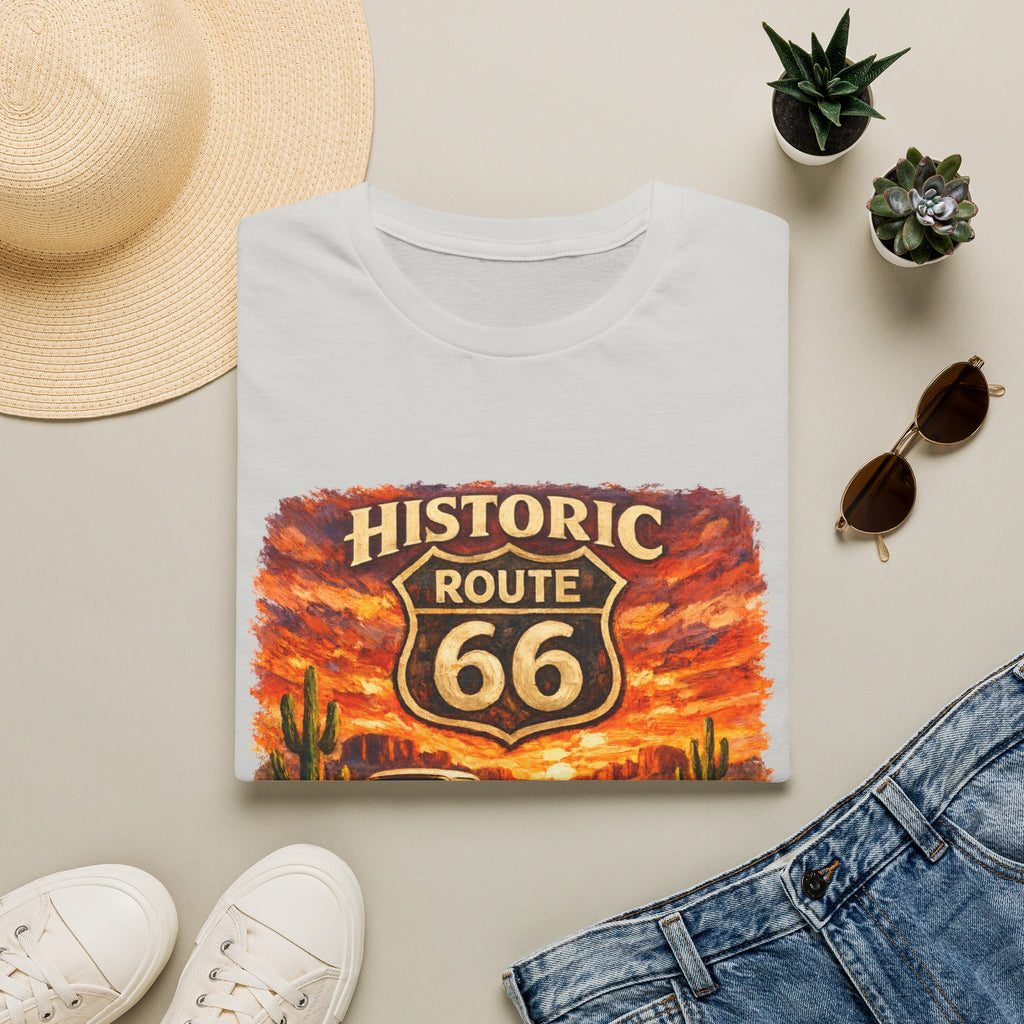 Historic Route 66 Road Trip T-Shirt | Vintage Car Desert Sunset