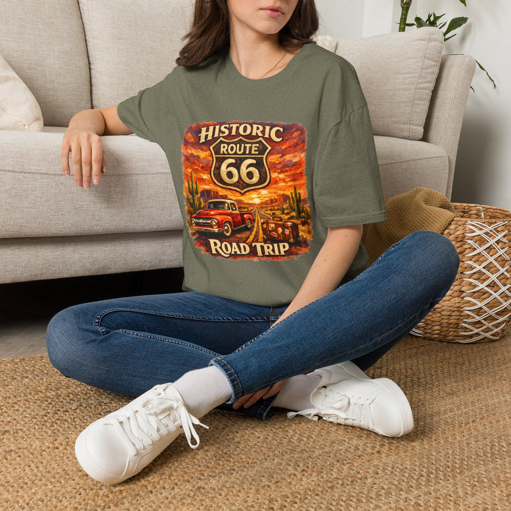 Historic Route 66 Road Trip T-Shirt | Vintage Car Desert Sunset