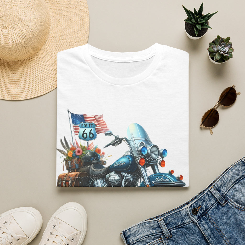 Route 66 Motorcycle Illustration T-Shirt | American Flag, Sunflowers