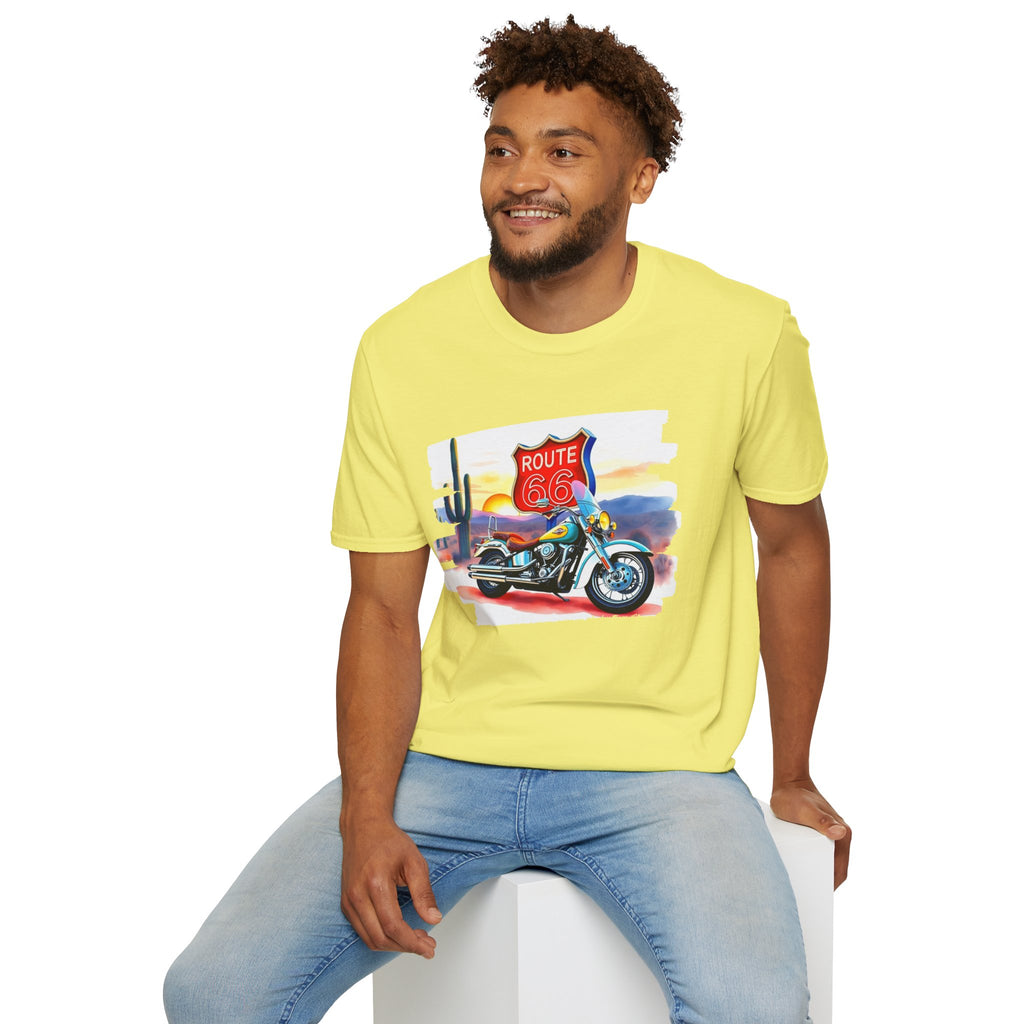 Route 66 Motorcycle T-Shirt | Desert Sunset Biker Graphic