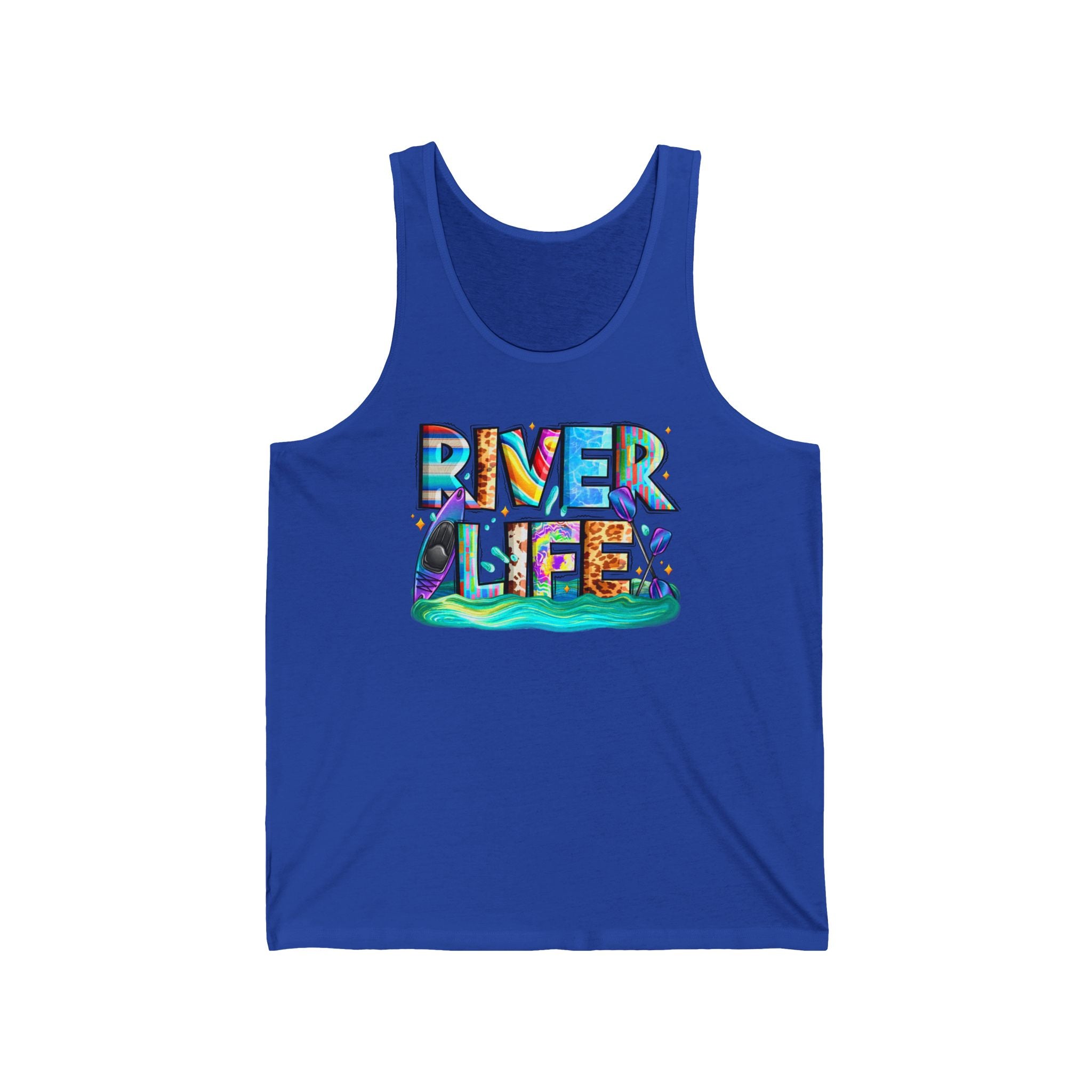River Life tank | colorful water typography, kayak, nature summer design