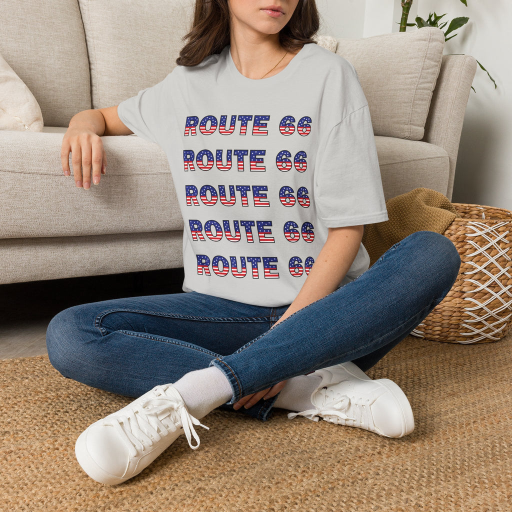 Route 66 Retro Text T-Shirt | American Flag Roadtrip Graphic