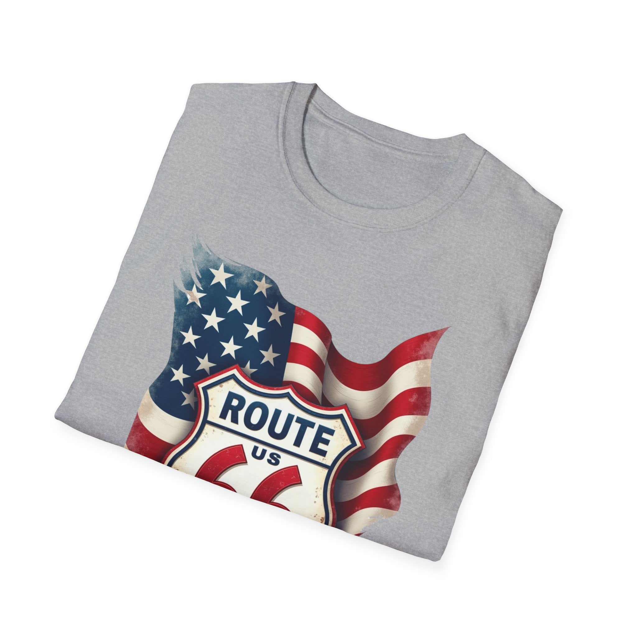Route 66 Shield with American Flag T-Shirt | Vintage Road Trip Tee