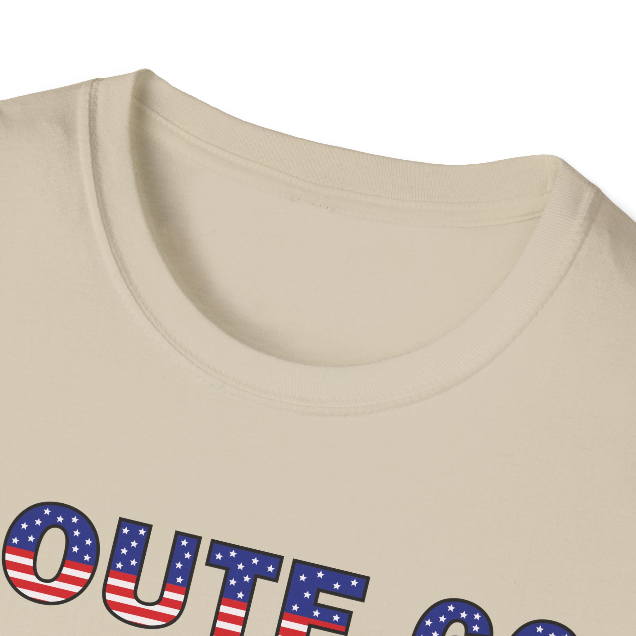 Route 66 Retro Text T-Shirt | American Flag Roadtrip Graphic