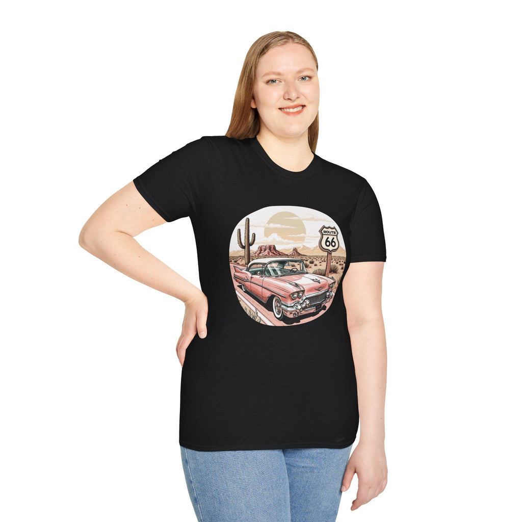 Retro Pink Classic Car Route 66 T-Shirt | Desert Cactus Vintage Roadtrip