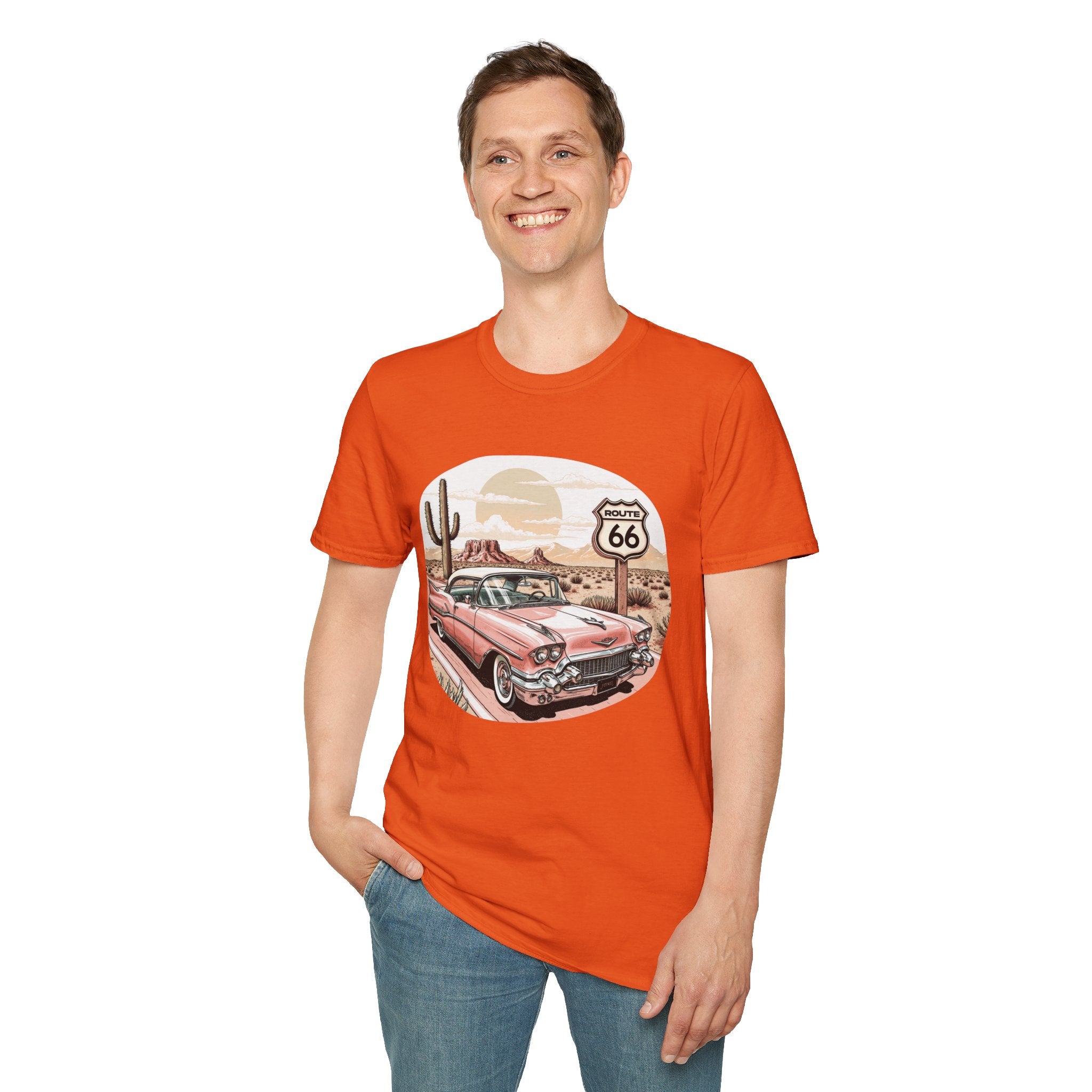Retro Pink Classic Car Route 66 T-Shirt | Desert Cactus Vintage Roadtrip