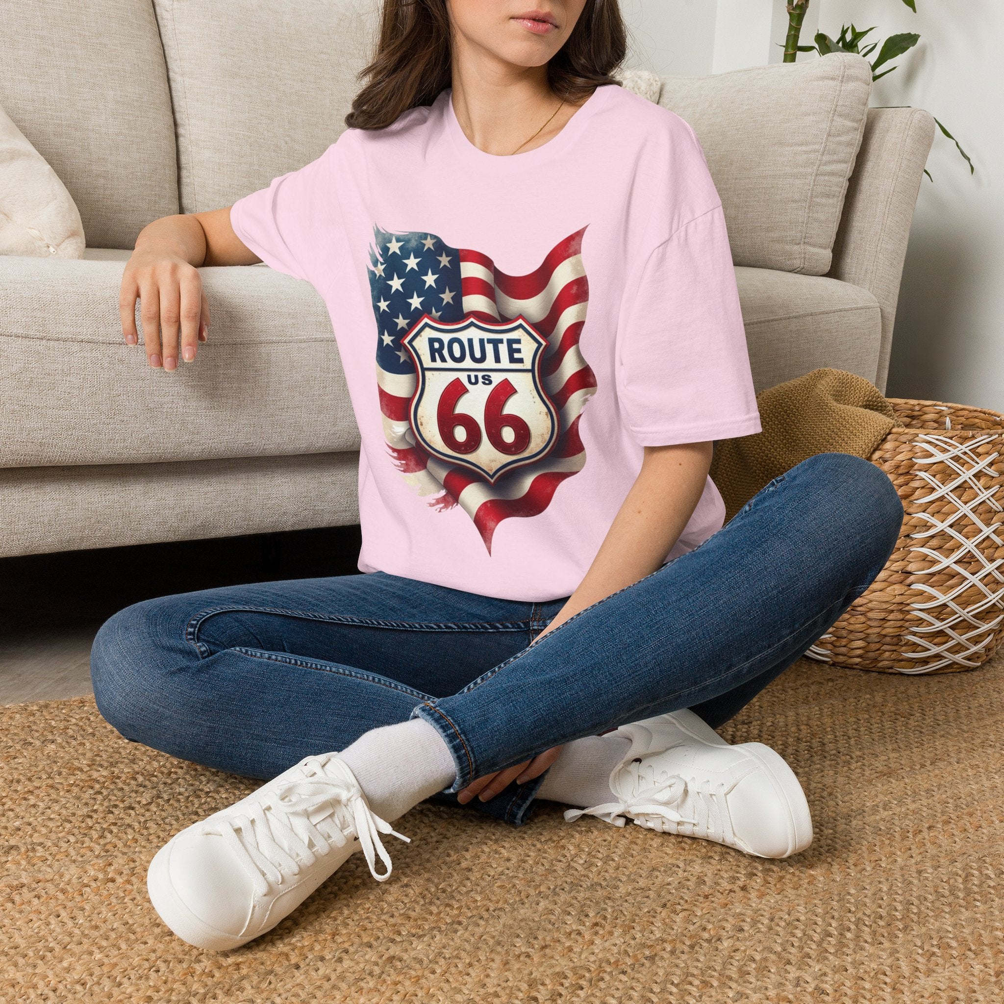 Route 66 Shield with American Flag T-Shirt | Vintage Road Trip Tee