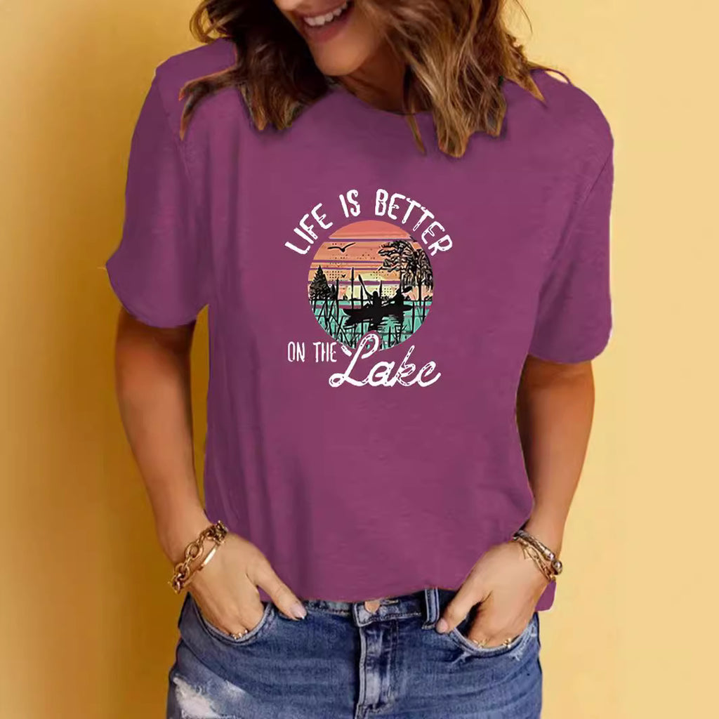 LAKE print round neck short sleeved T-shirt