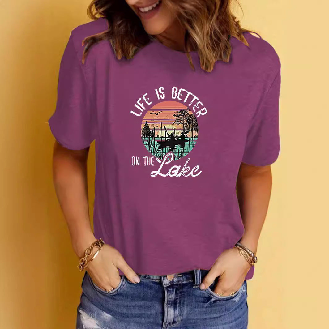 LAKE print round neck short sleeved T-shirt