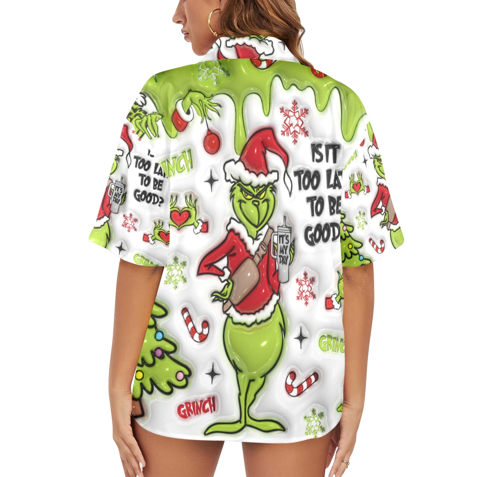 Women's All Over Print Grinchy Hawaiian Christmas Shirt （Made in USA，Ships to USA Only）