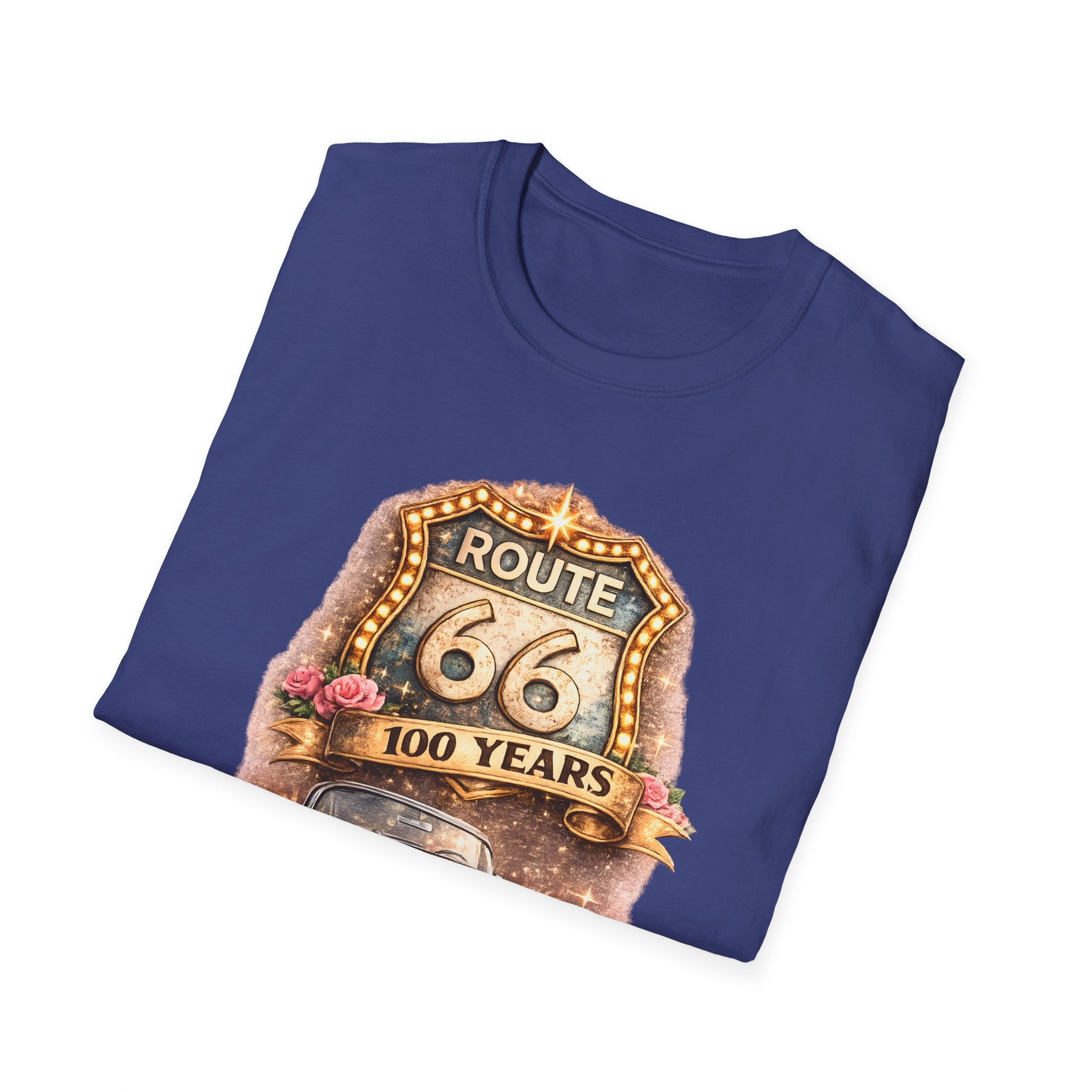 Route 66 100 Years Pink Classic Car T-Shirt | Vintage Road Trip Tee