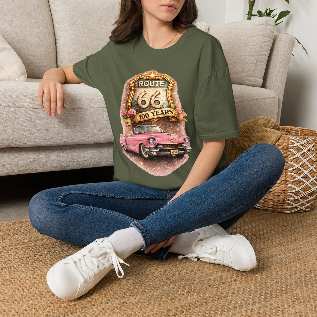 Route 66 100 Years Pink Classic Car T-Shirt | Vintage Road Trip Tee