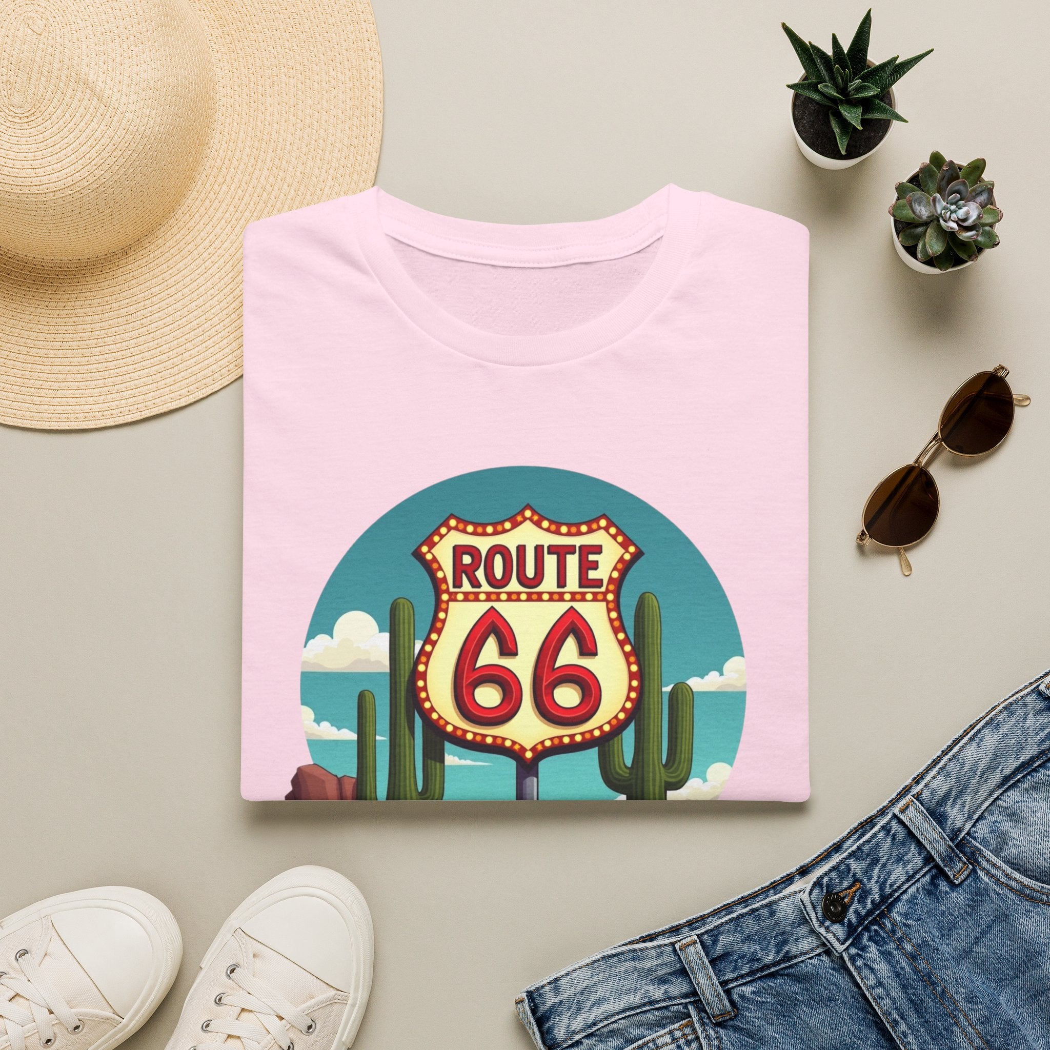 Route 66 Classic Car T-Shirt | Retro Desert Road Sign, Vintage Convertible