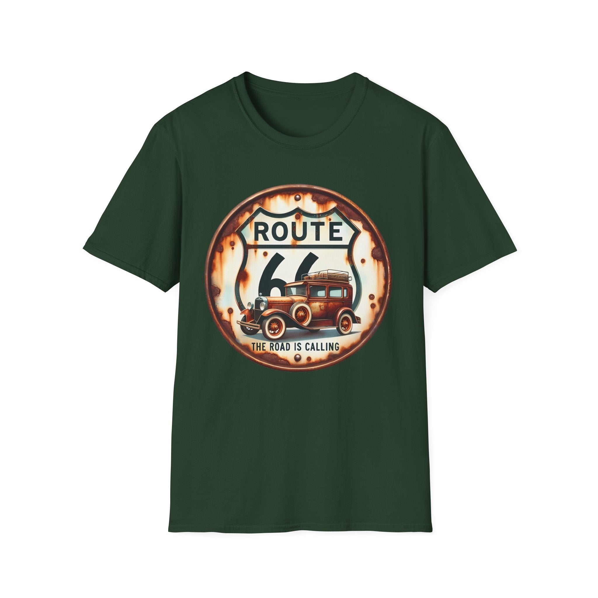 Route 66 Vintage Woodie Car T-Shirt | Road Trip Retro Sign, 'The Road Is Calling'