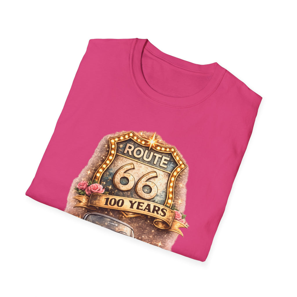 Route 66 100 Years Pink Classic Car T-Shirt | Vintage Road Trip Tee