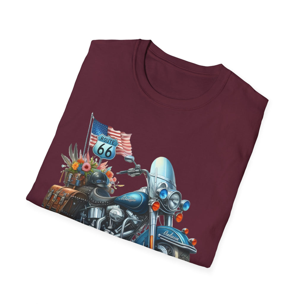 Route 66 Motorcycle Illustration T-Shirt | American Flag, Sunflowers