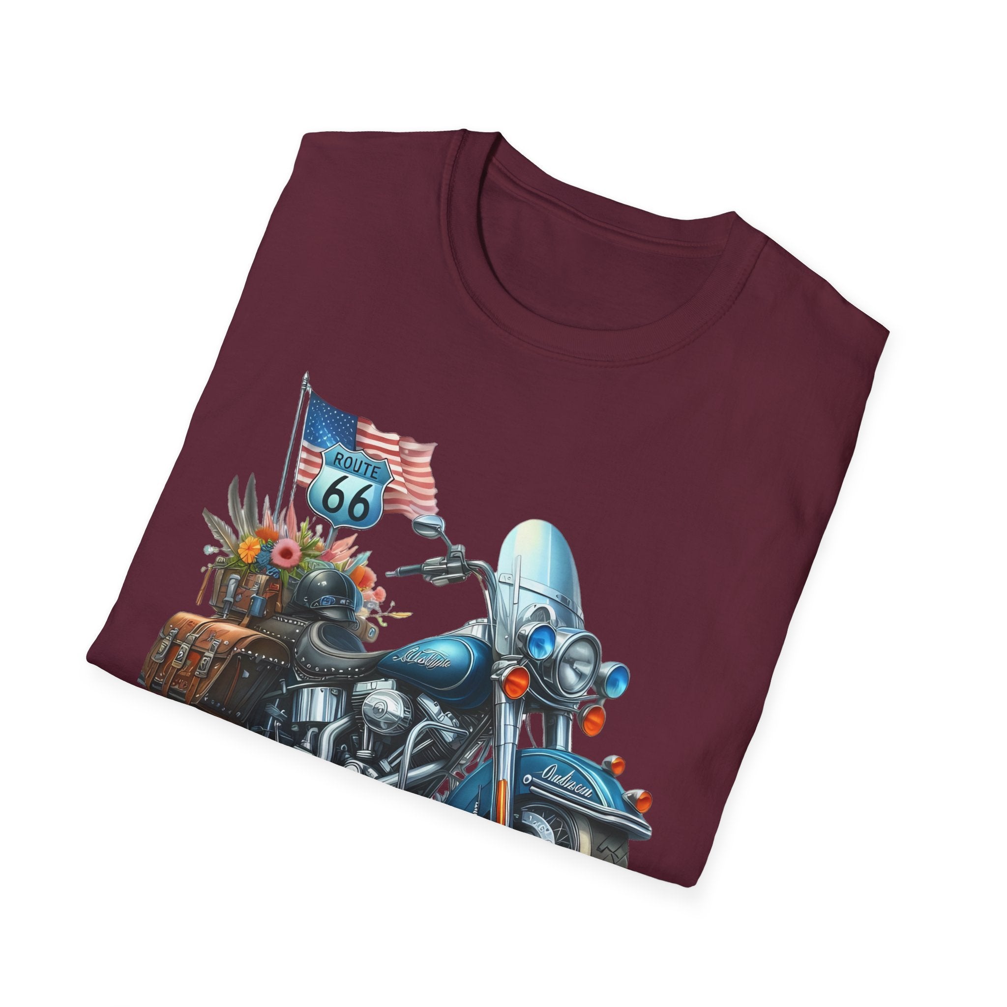 Route 66 Motorcycle Illustration T-Shirt | American Flag, Sunflowers