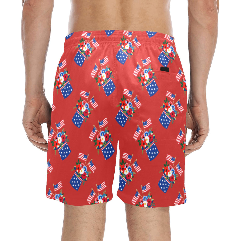 Red White and Blue Celebration Men's Mid-Length Beach Shorts Free Shipping USA