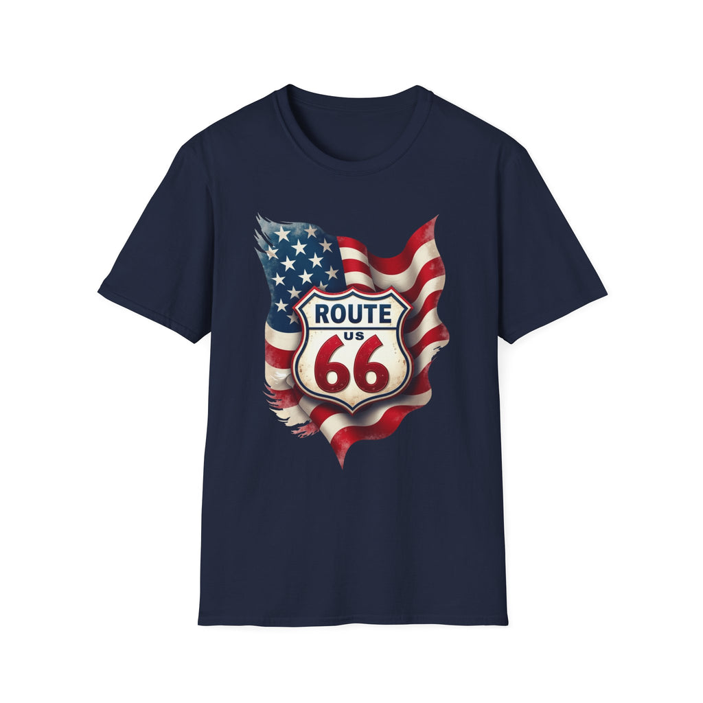 Route 66 Shield with American Flag T-Shirt | Vintage Road Trip Tee