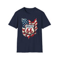Route 66 Shield with American Flag T-Shirt | Vintage Road Trip Tee