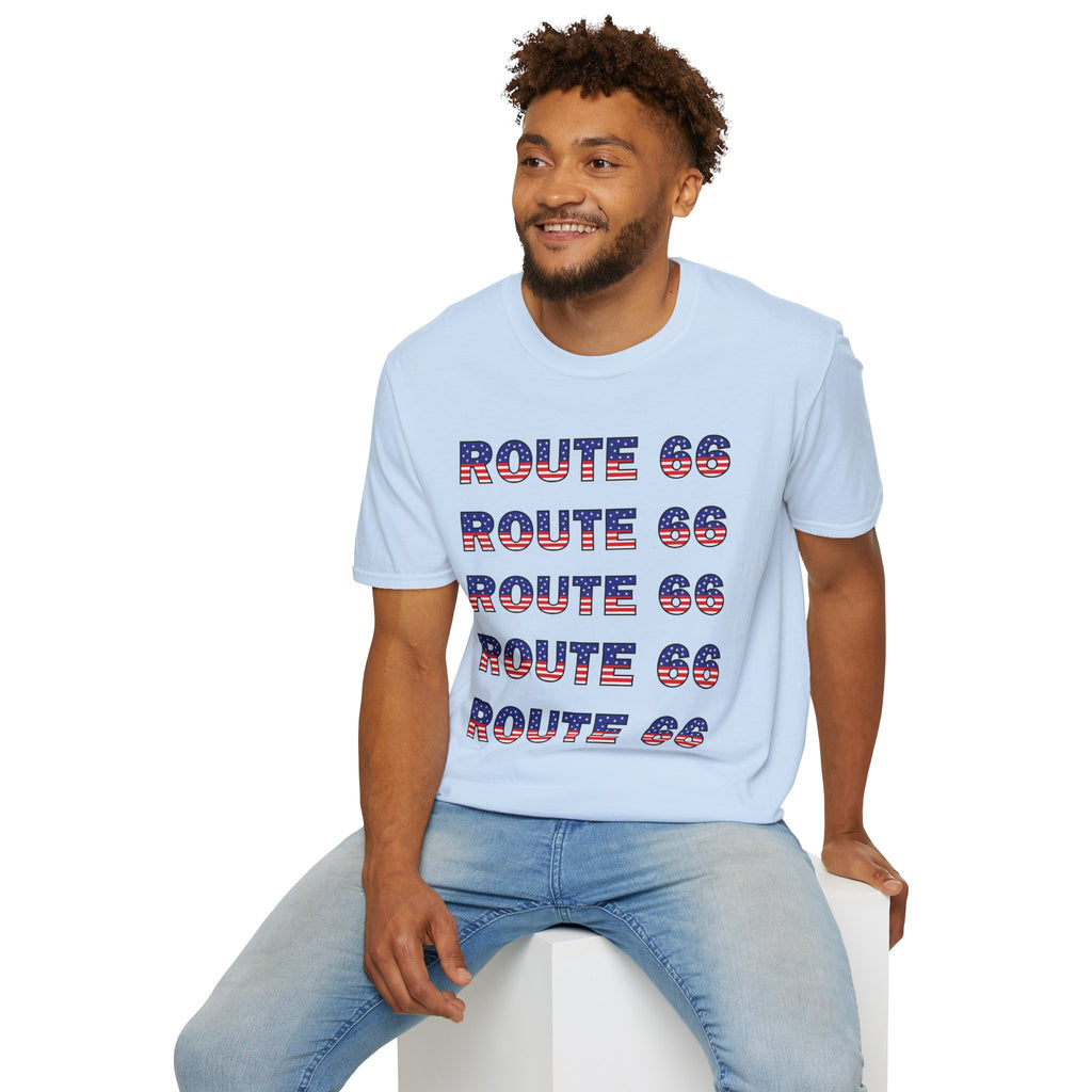 Route 66 Retro Text T-Shirt | American Flag Roadtrip Graphic