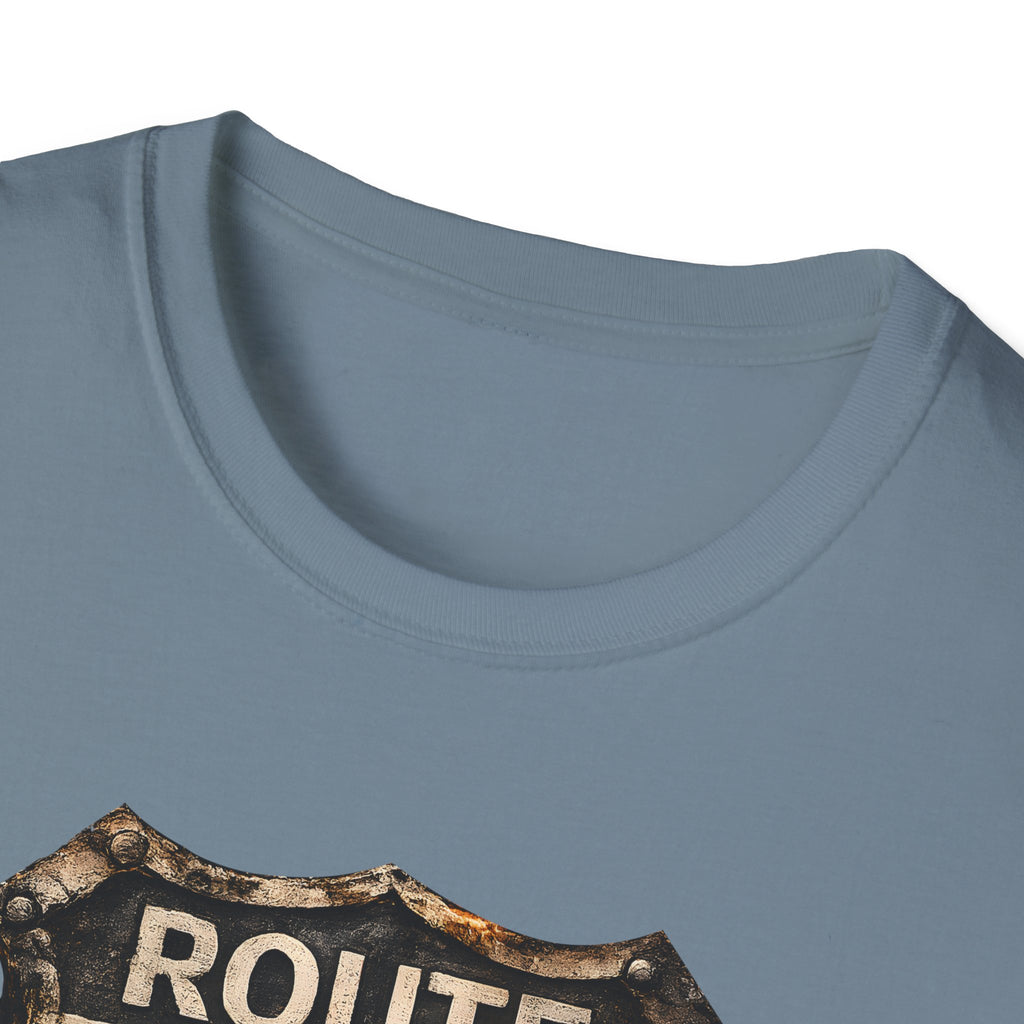 Route 66 Skull Badge T-Shirt | Ride the Legend, Winged Helmet Motorcycle Design