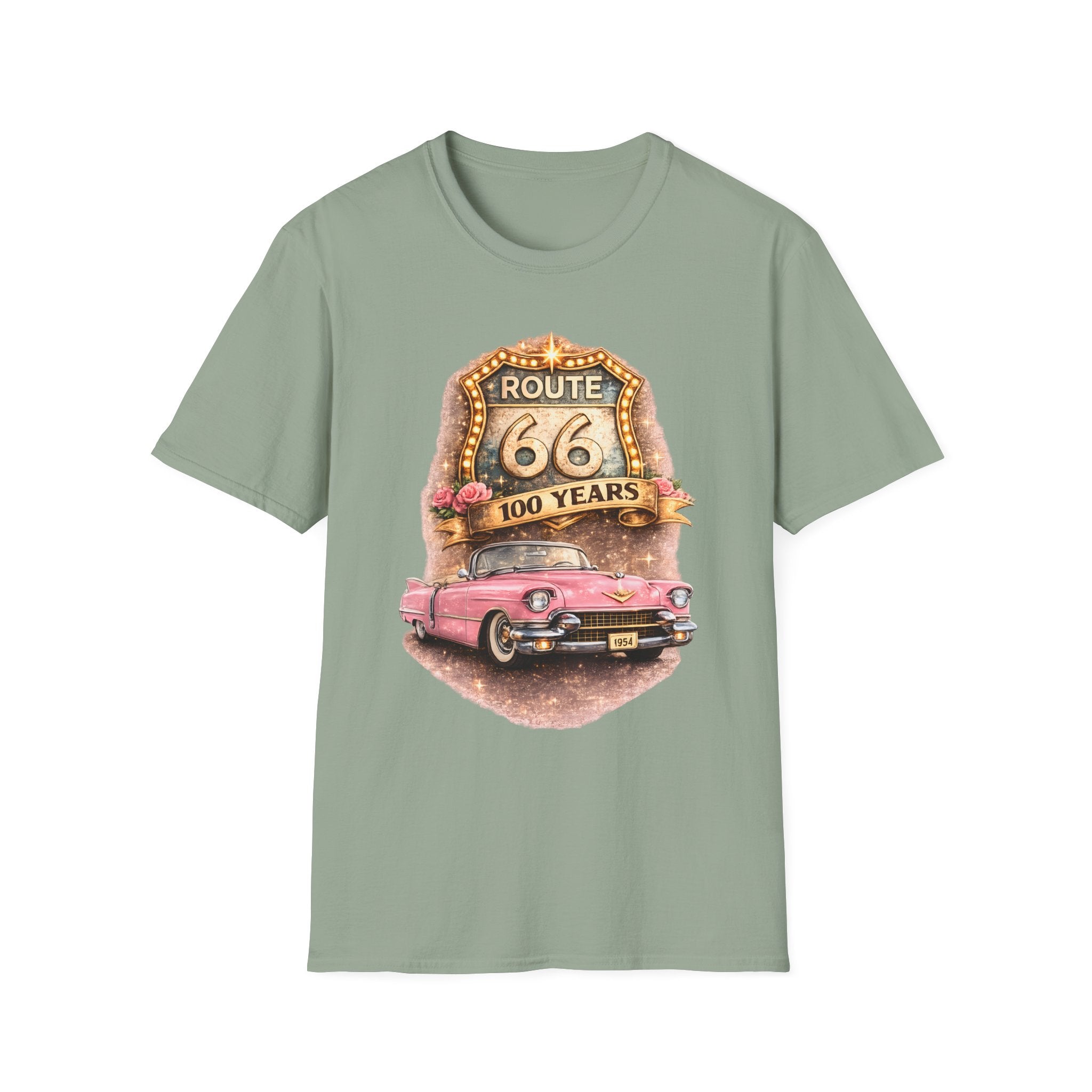 Route 66 100 Years Pink Classic Car T-Shirt | Vintage Road Trip Tee