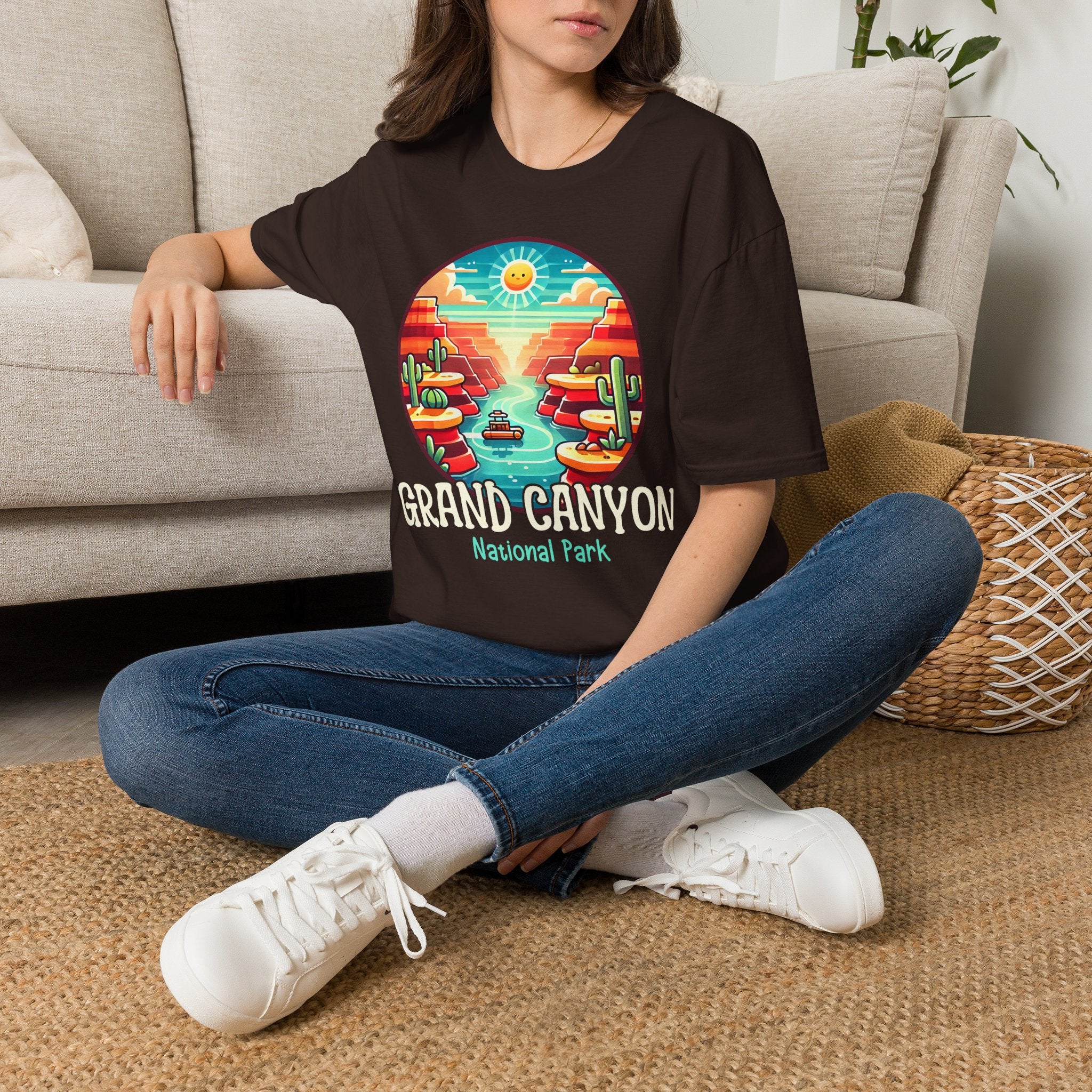 Grand Canyon National Park Retro Sunset T-Shirt | Canyon River Illustration