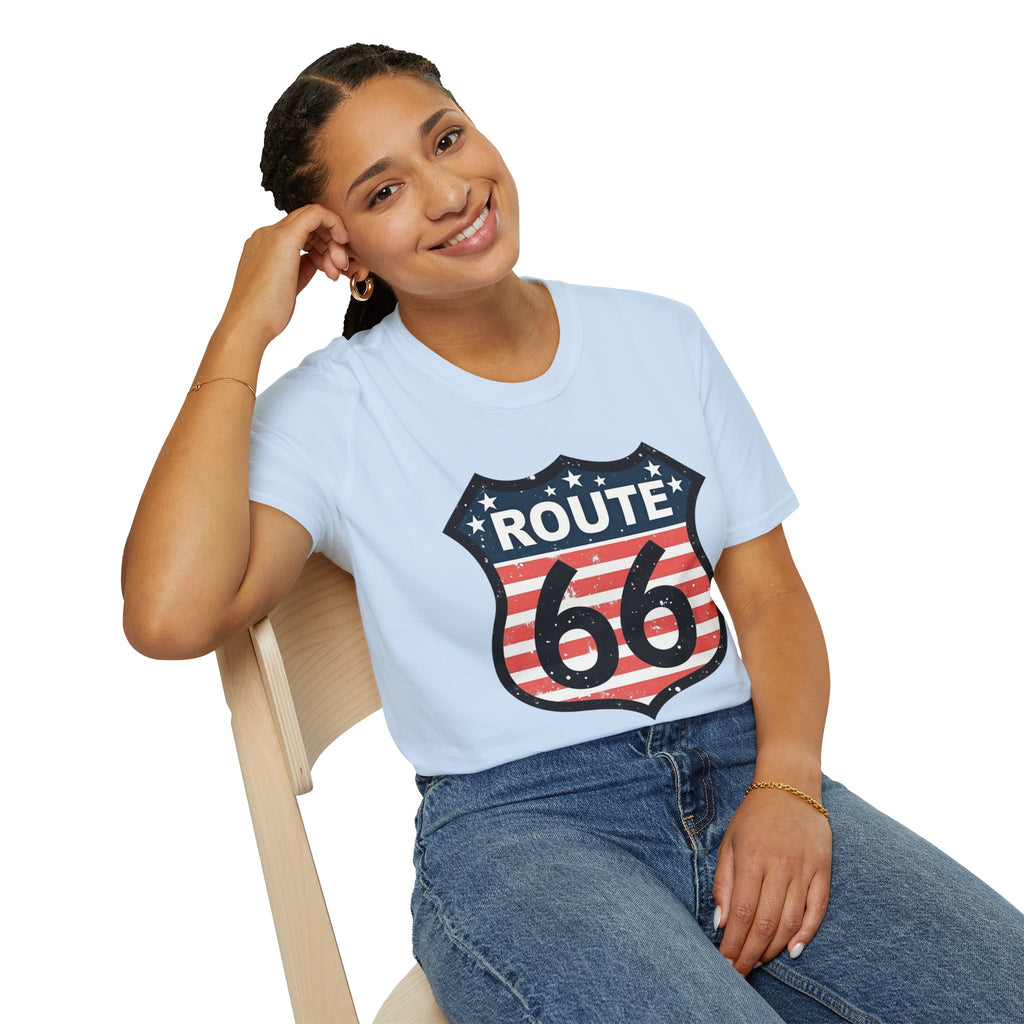 Route 66 Shield T-Shirt | American Flag Vintage Road Sign