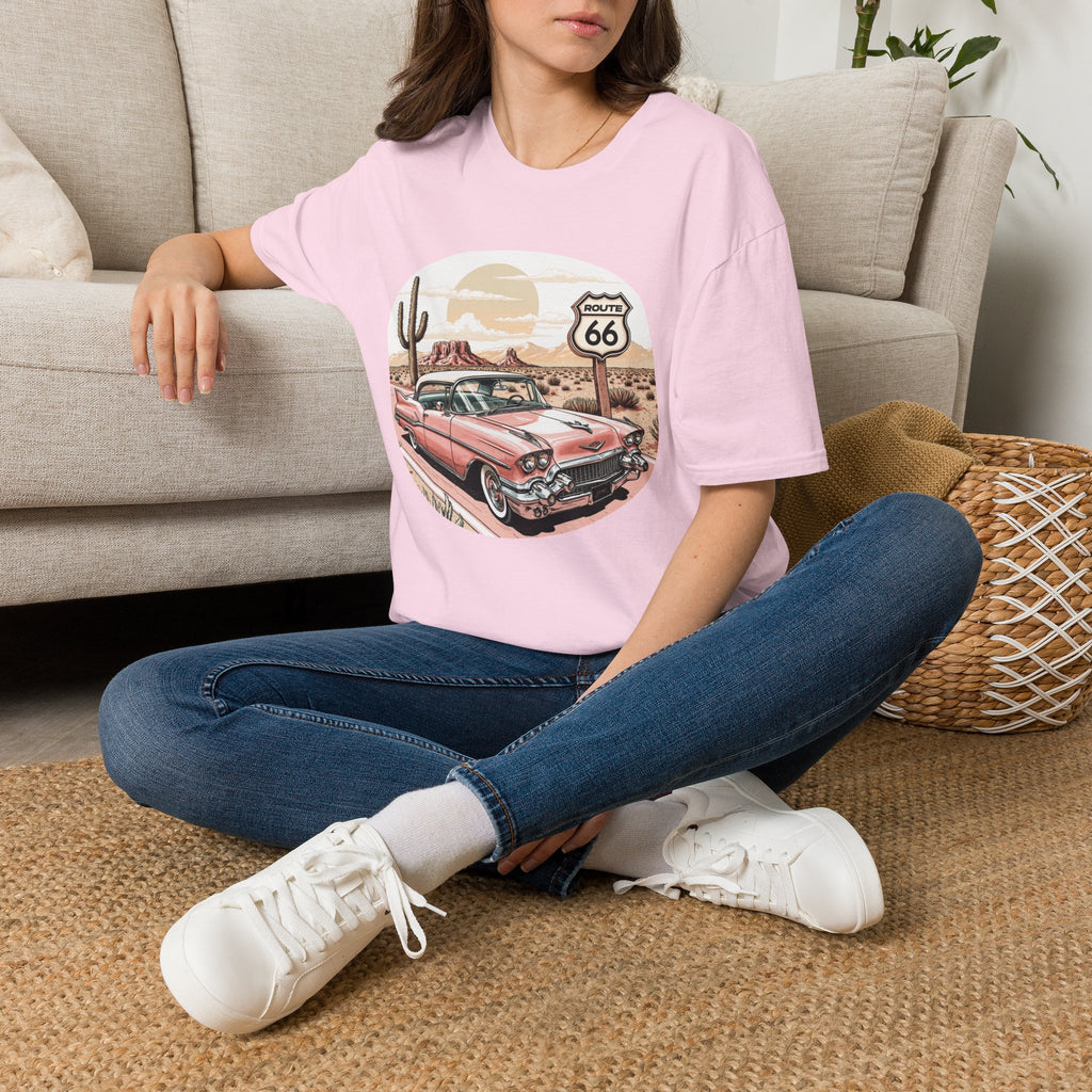 Retro Pink Classic Car Route 66 T-Shirt | Desert Cactus Vintage Roadtrip