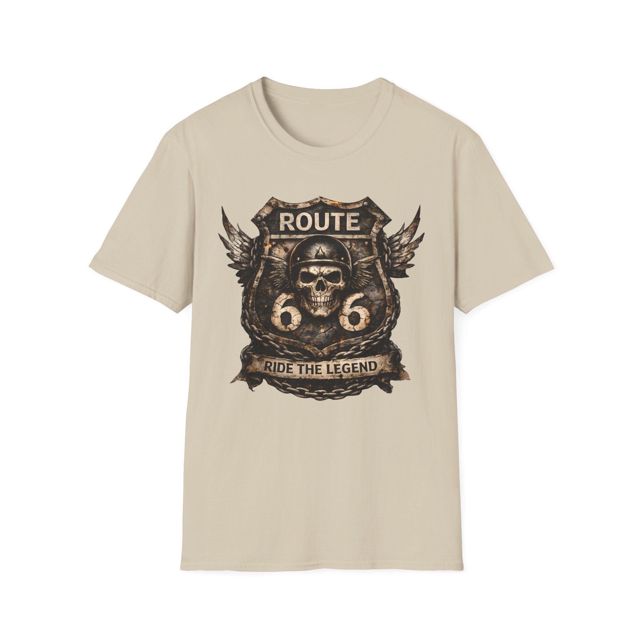 Route 66 Skull Badge T-Shirt | Ride the Legend, Winged Helmet Motorcycle Design