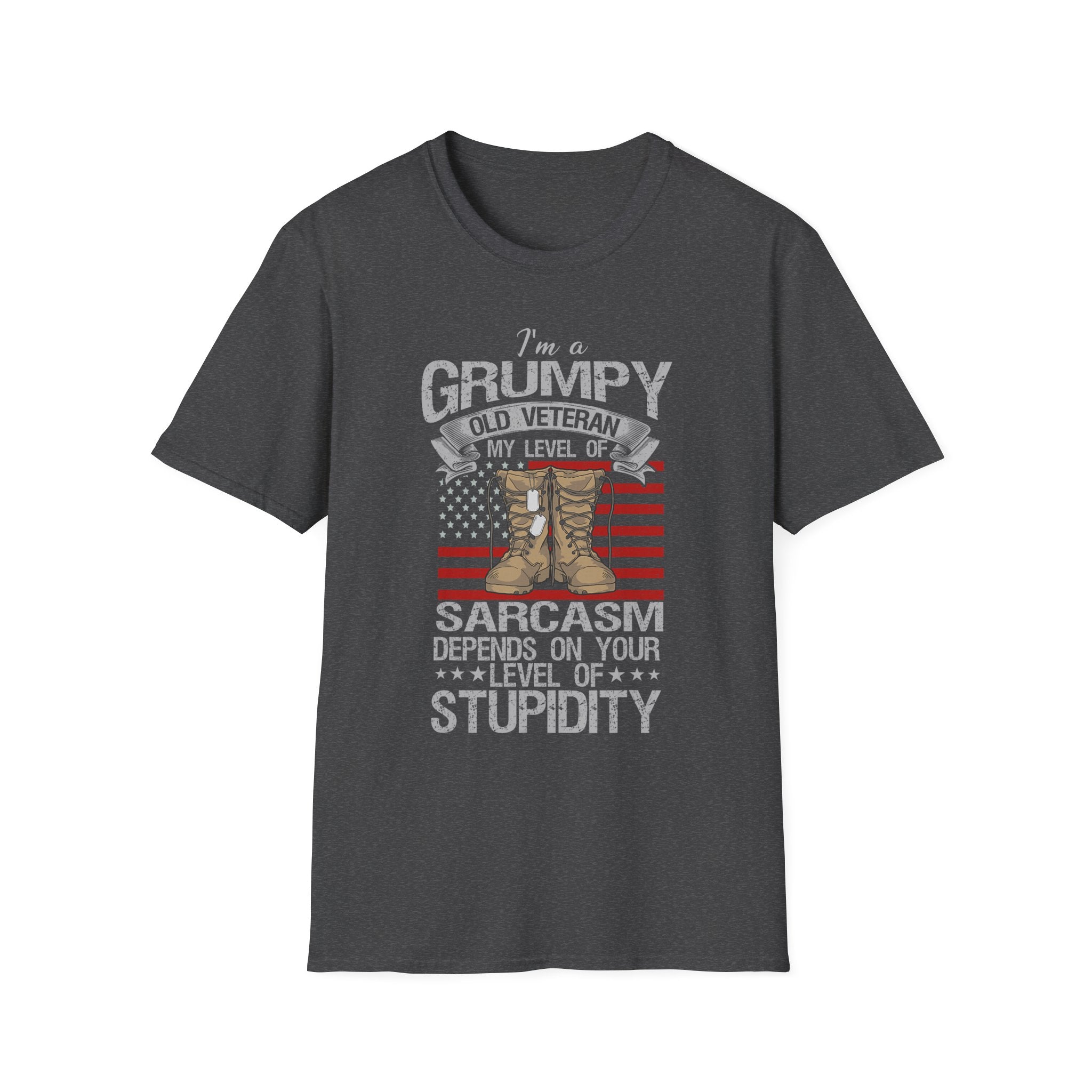 Grumpy Old Veteran Boots, T-Shirt | American Flag, Sarcasm Depends on Stupidity