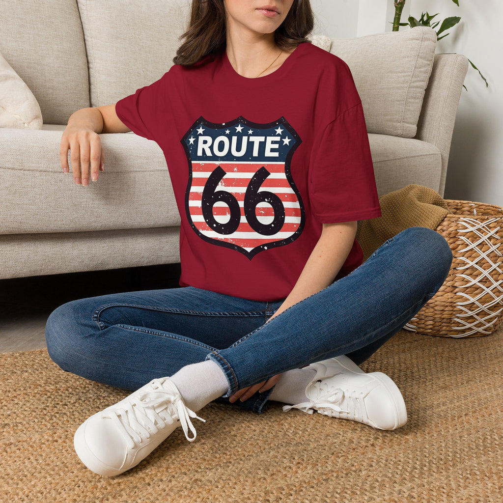 Route 66 Shield T-Shirt | American Flag Vintage Road Sign