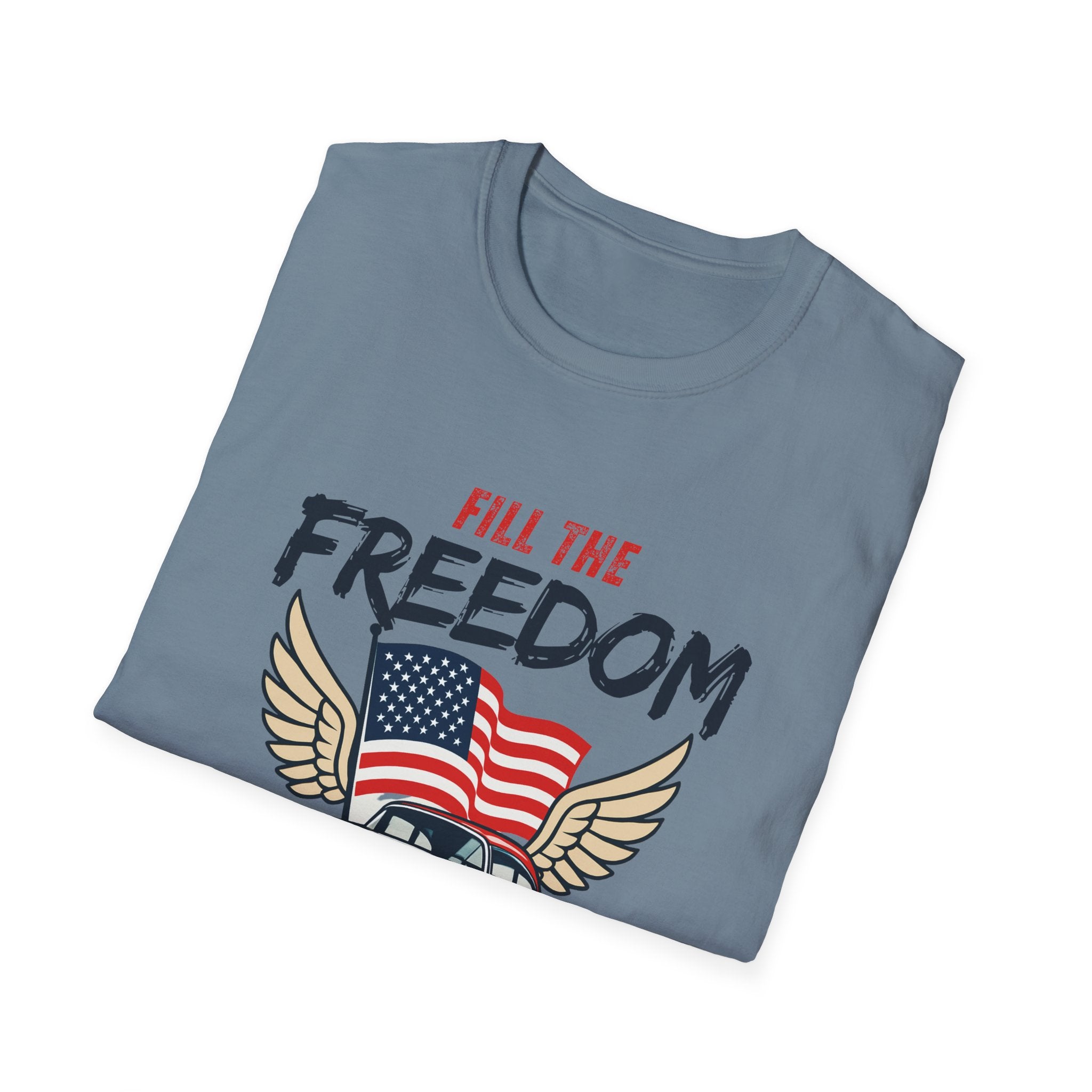 Fill the Freedom Vintage Car T-Shirt | American Flag Wings Chicago to Santa Monica