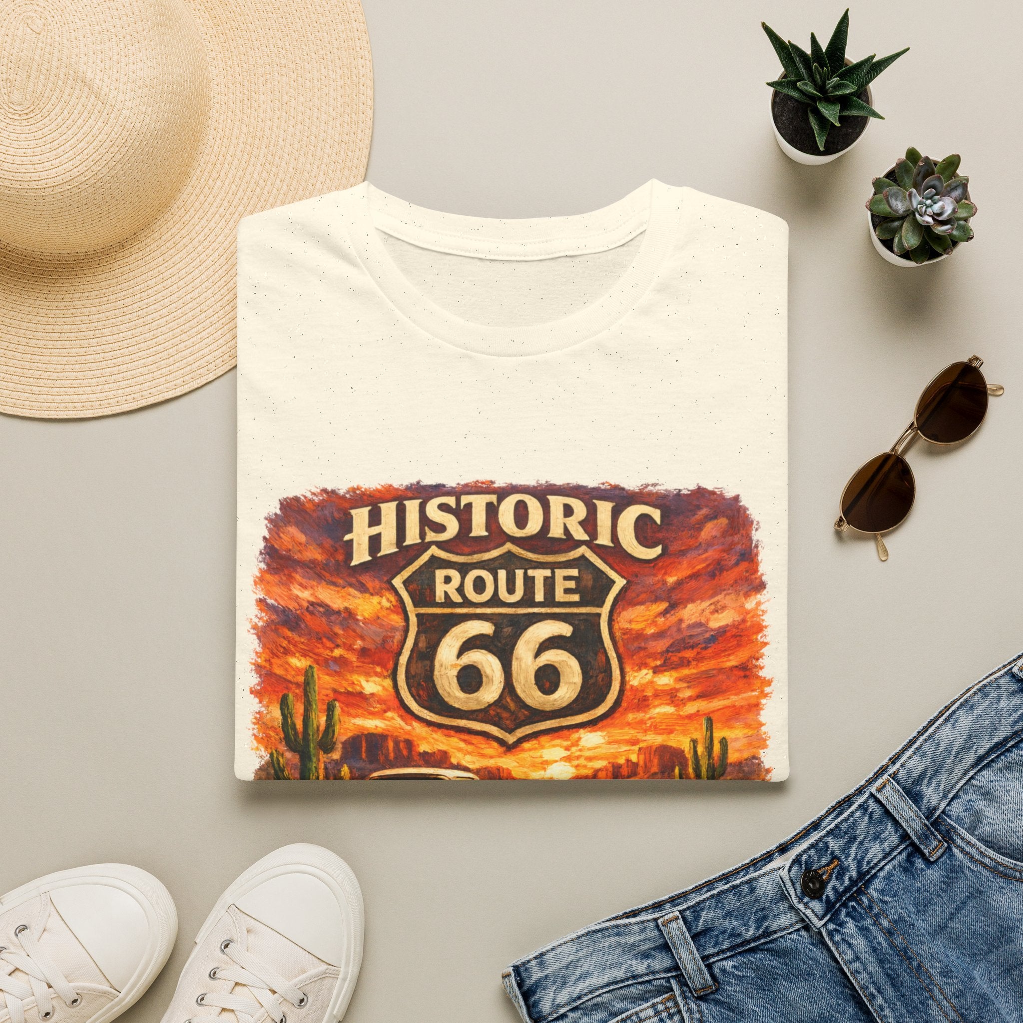 Historic Route 66 Road Trip T-Shirt | Vintage Car Desert Sunset