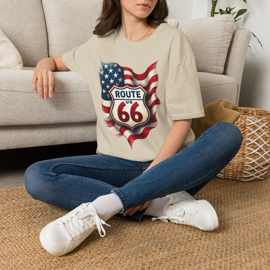 Route 66 Shield with American Flag T-Shirt | Vintage Road Trip Tee
