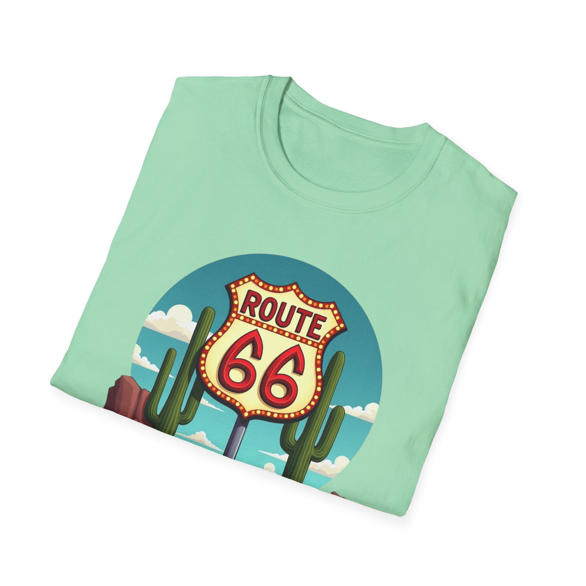 Route 66 Classic Car T-Shirt | Retro Desert Road Sign, Vintage Convertible