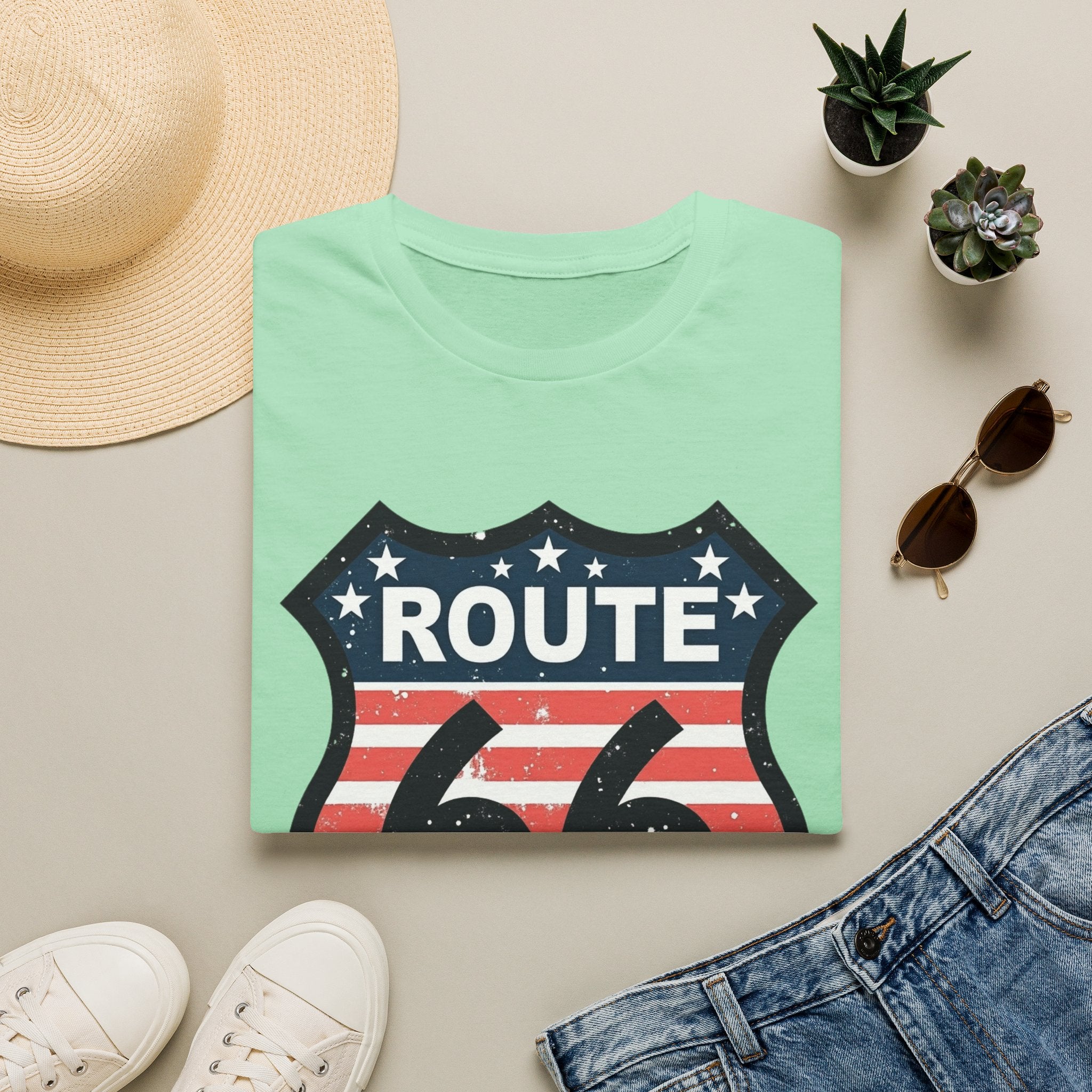 Route 66 Shield T-Shirt | American Flag Vintage Road Sign