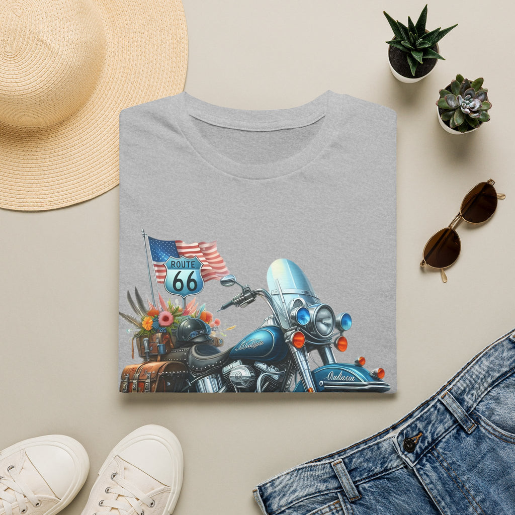 Route 66 Motorcycle Illustration T-Shirt | American Flag, Sunflowers
