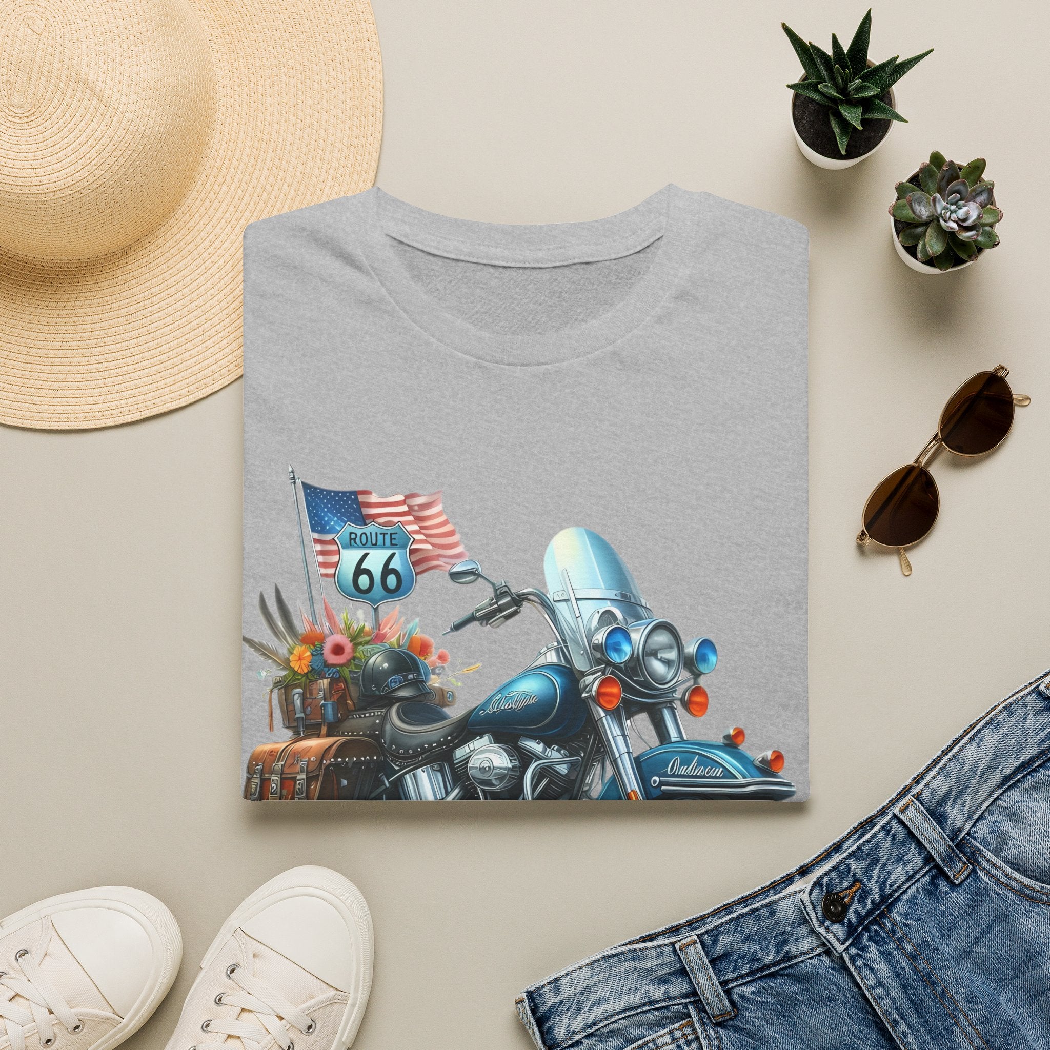 Route 66 Motorcycle Illustration T-Shirt | American Flag, Sunflowers