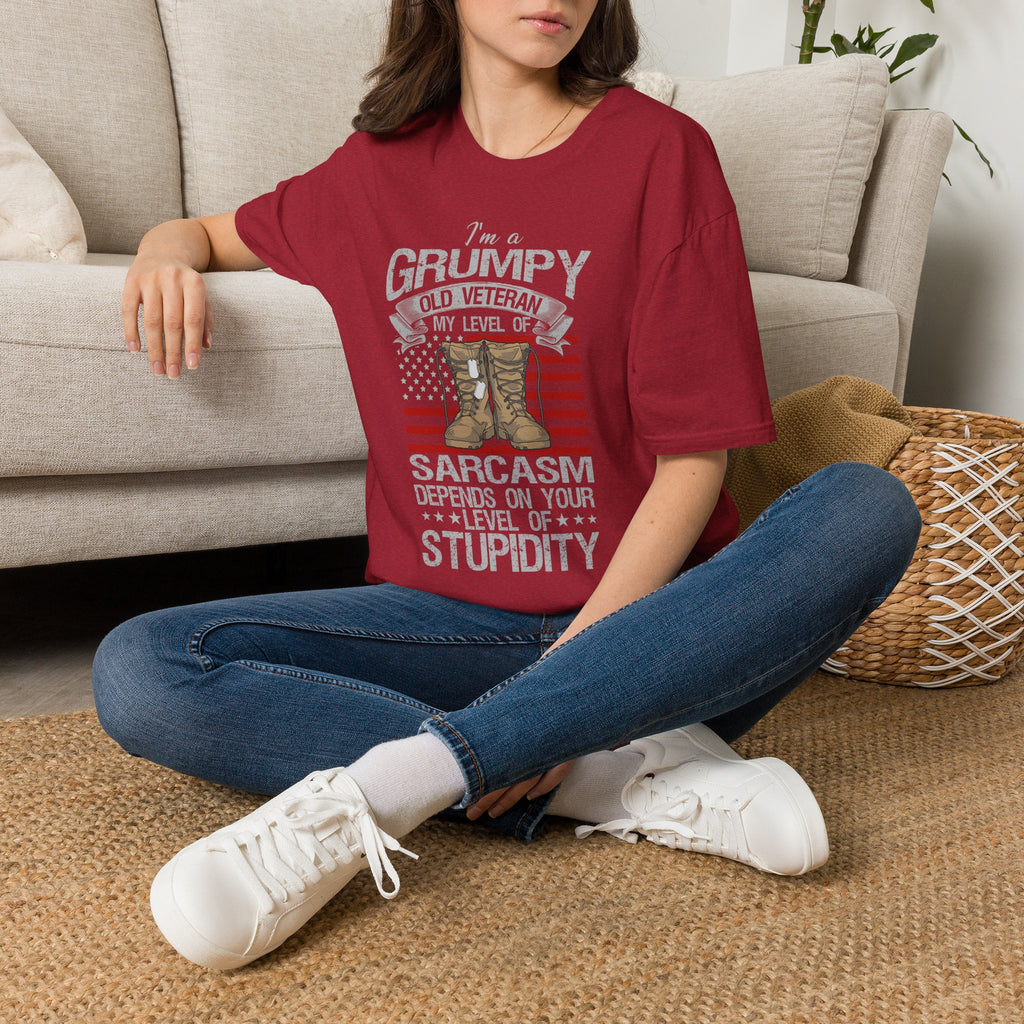 Grumpy Old Veteran Boots, T-Shirt | American Flag, Sarcasm Depends on Stupidity