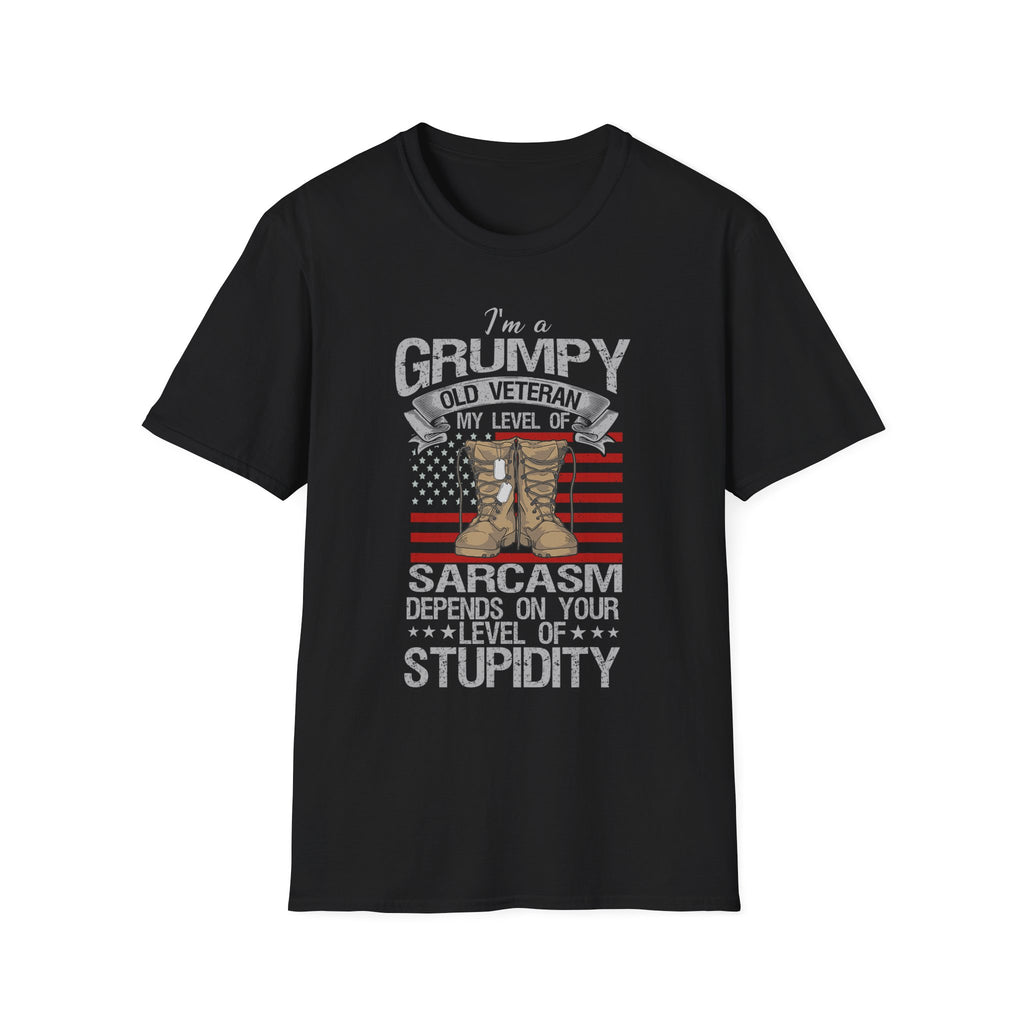 Grumpy Old Veteran Boots, T-Shirt | American Flag, Sarcasm Depends on Stupidity